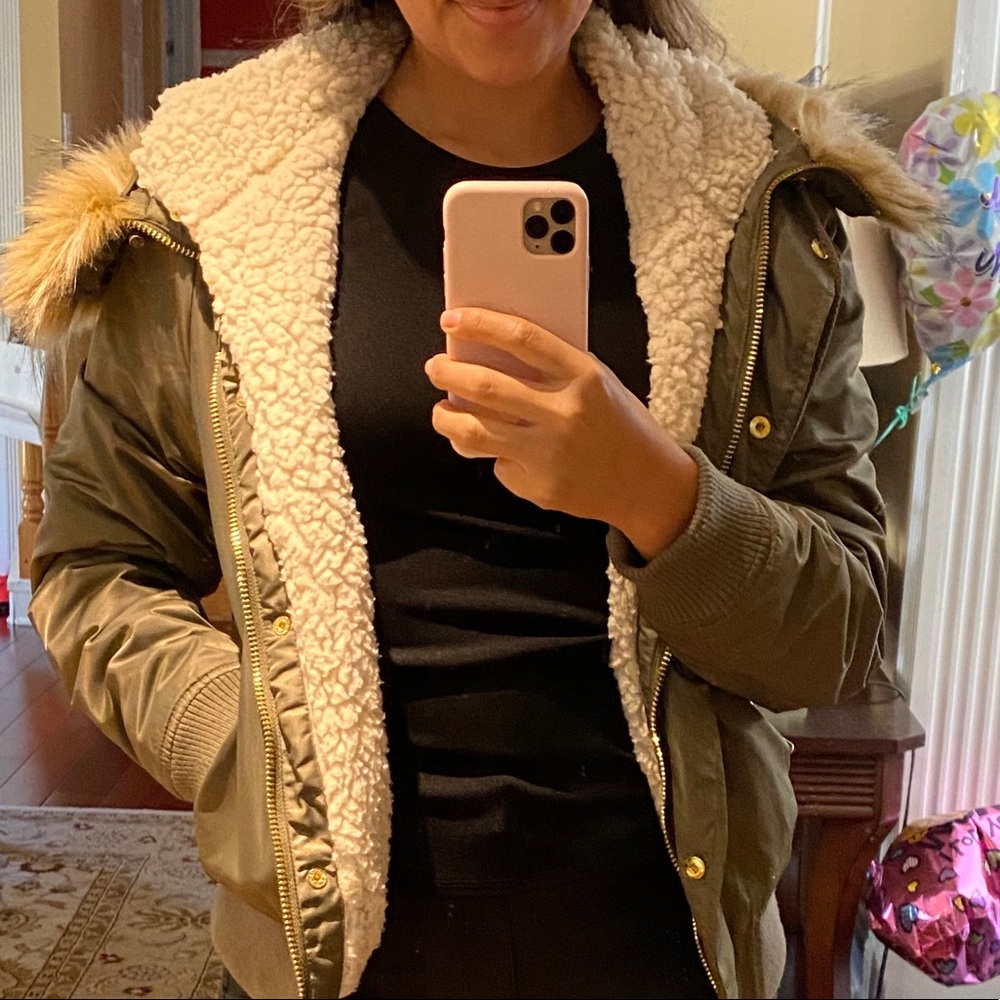 GUESS by guess green hooded Sherpa lined coat